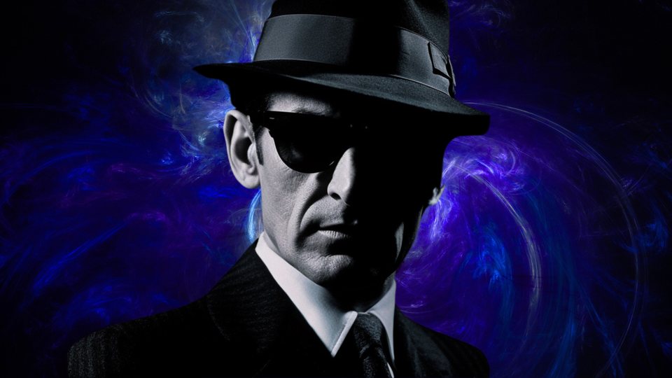 Mr. InBetween: a man in a black fedora, dark glasses and a dark suit, lit from below, against a violet vortex.
