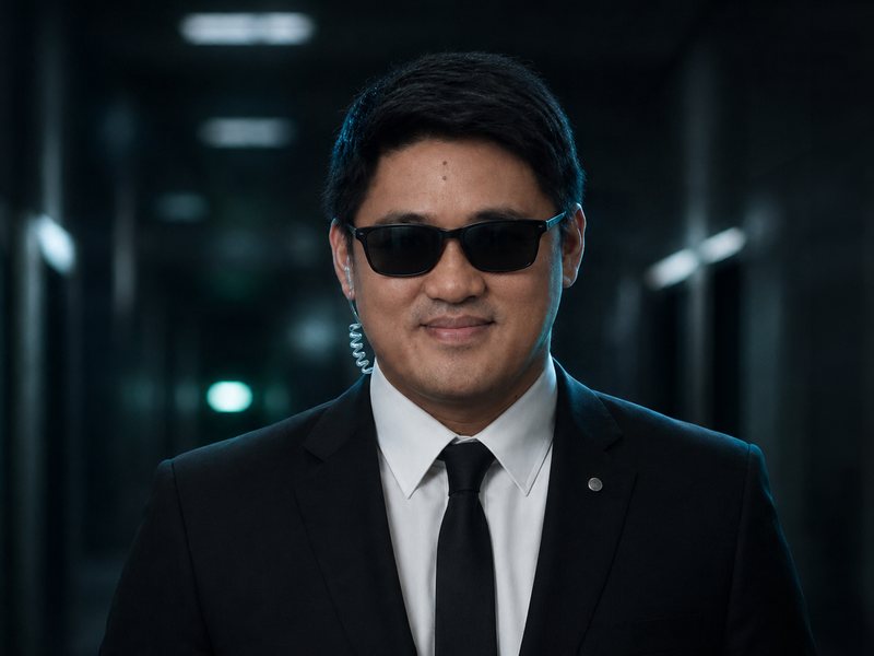 Teo in a black suit, dark glasses and an earpiece, in a dim corridor.